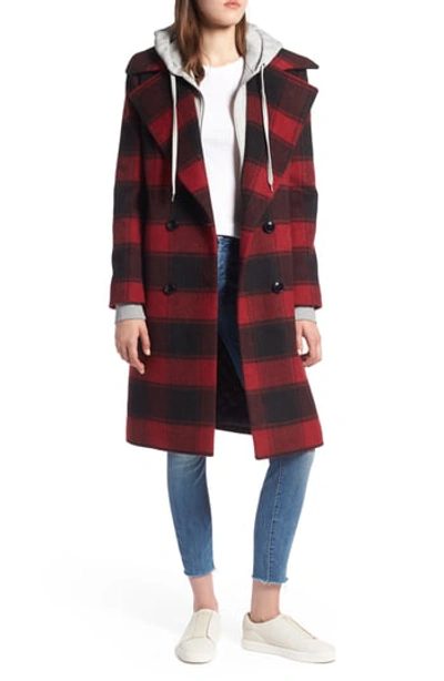 Kendall + Kylie Double Breasted Plaid Wool Blend Coat In Blk And Red Pl