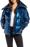 Kendall + Kylie Shiny Water Resistant Puffer Jacket In Blue