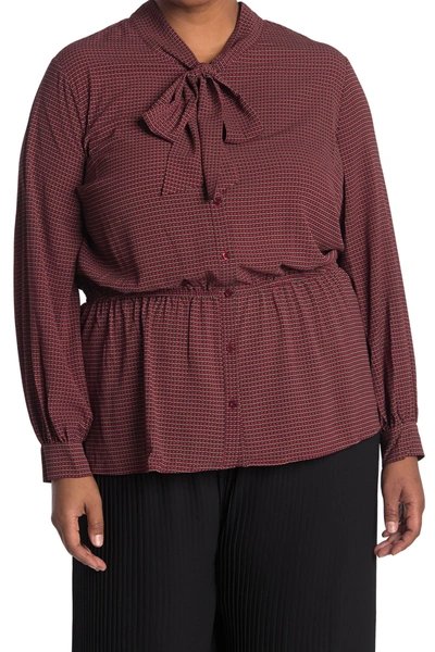 Pleione Tie Neck Button-down Geometric Print Peplum Blouse In Wallpaper