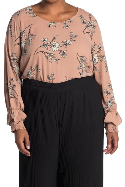 Pleione Scoop Neck Smocked Ruffle Cuff Floral Print Top In Pink
