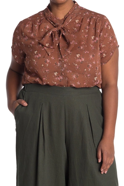 Pleione Short Sleeve Tie Front Blouse In Mocha Floral