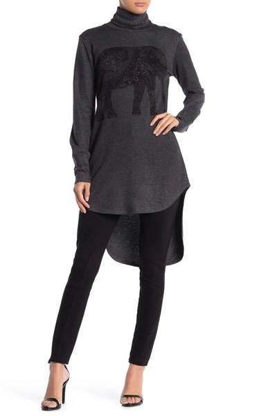 Go Couture Turtleneck High-low Tunic Sweater In Charcoal Elephant Up