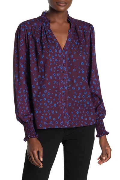Parker Printed Smocked Cuff Button Front Blouse In Cobalt Leopard