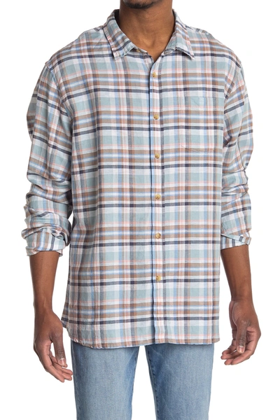 Grayers Devon Linen Plaid Long Sleeve Shirt In Seafoam Blue Taupe