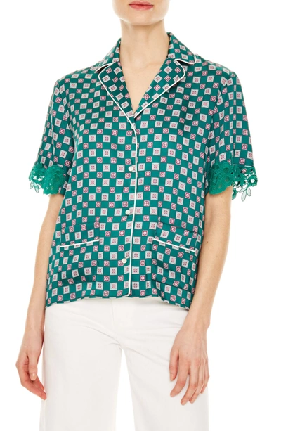 Sandro Hena Guipure Lace-trimmed Printed Satin-twill Shirt In Green