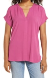 Vince Camuto Gauze Split Neck Short Sleeve In Covert