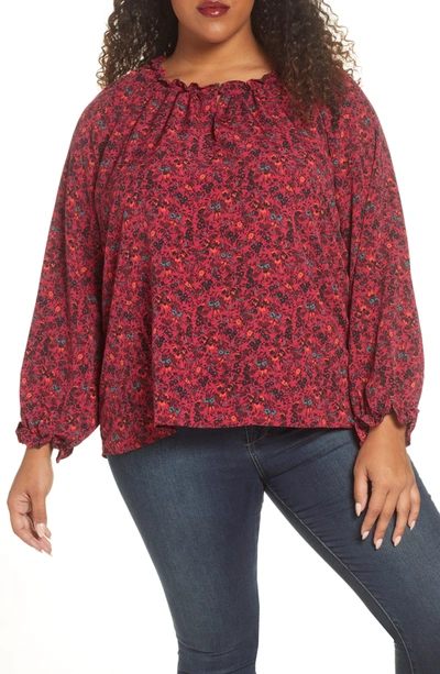 Bobeau Regina Ruffle Neck Blouse In Deep Berry Ditsy