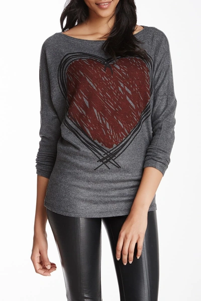 Go Couture Boatneck Dolman Sweater In Charcoal Scribbled Heart