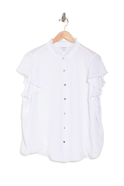 Calvin Klein Ruffle Sleeve Button Front Blouse In White