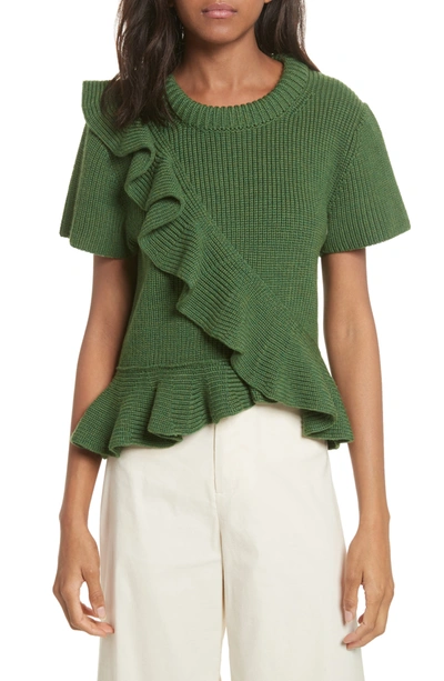 Sea Short Sleeve Ruffle Wool Sweater In Green