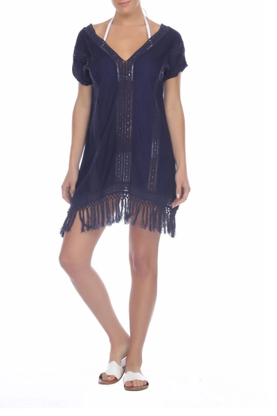Boho Me Crochet Fringe Short Dress In Navy