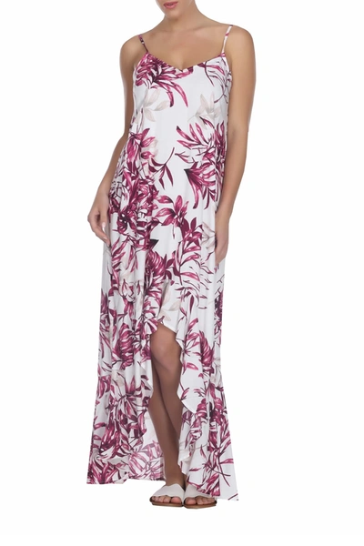 Boho Me Leaf Printed Hi-lo Flounce Hem Dress In Magenta