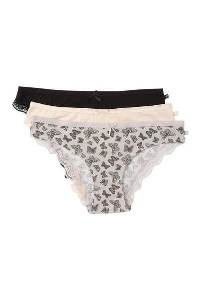 Jessica Simpson Lace Trim Cotton Bikini Panties In Cloud Grey / Shell/ Black