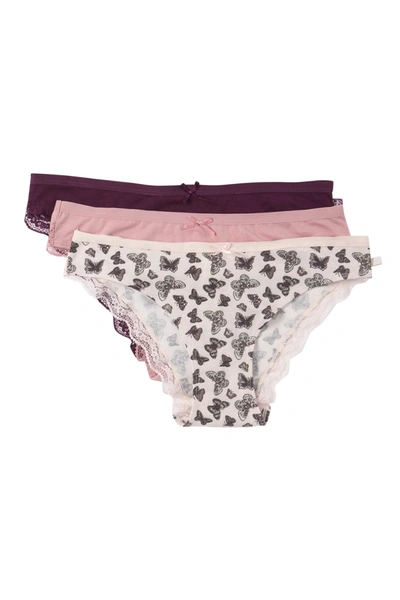 Jessica Simpson Lace Trim Cotton Bikini Panties In Mauve Chalk/woodrose/italn Plm