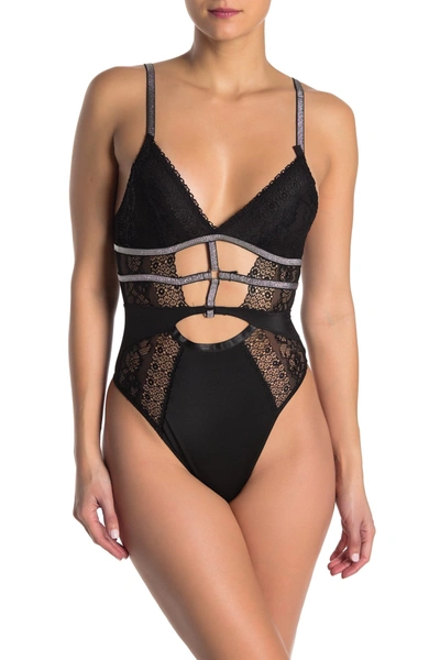 Secret Lace Lace Front Cutout Thong Bodysuit In Black