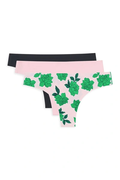 Aqs Women's 3-pack Laser-bonded Seamless Thongs In Green Pink Multicolor