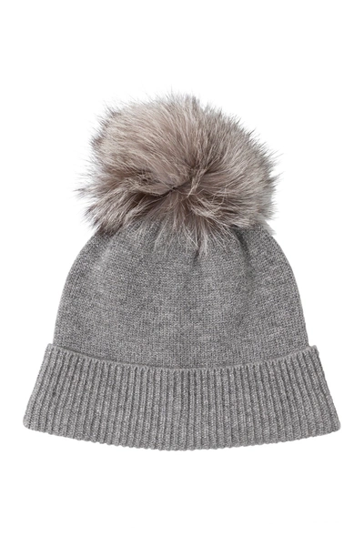 Amicale Cashmere Cuffed Lurex Hat With Genuine Fox Pom In 050lgry