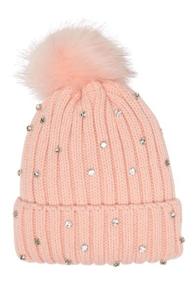 Cara Accessories Embellished Jewel Faux Fur Pom Beanie In Blush