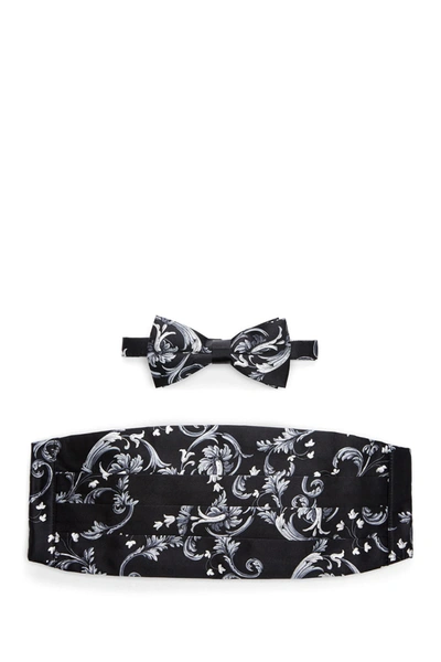 Michelsons Baroque Printed Silk Satin Bow Tie & Cummerbund In Black/silver