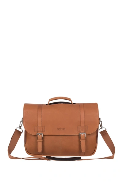 Kenneth Cole Double Gusset Flapover Colombian Leather Laptop Bag In Cognac