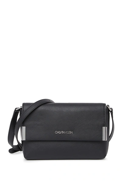Calvin Klein Saffiano Flap Crossbody Bag In Black Silv