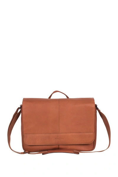 Kenneth Cole Single Gusset Flapover Colombian Leather Messenger Bag In Cognac