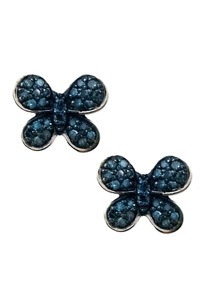 Savvy Cie Rhodium Plated Sterling Silver Blue Diamond Butterfly Stud Earrings