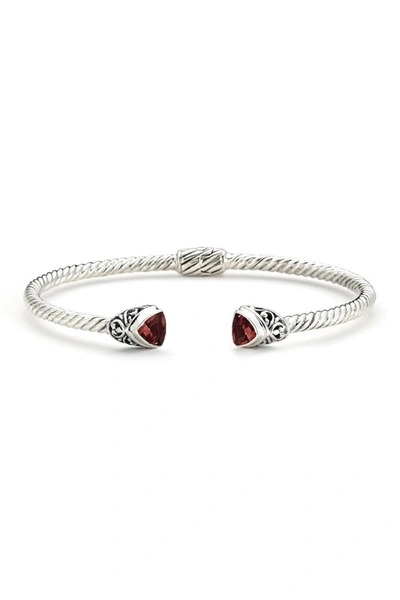 Samuel B Jewelry Sterling Silver Bezel Set Trillion Cut Garnet End Twisted Cable Hinge Bangle In Red