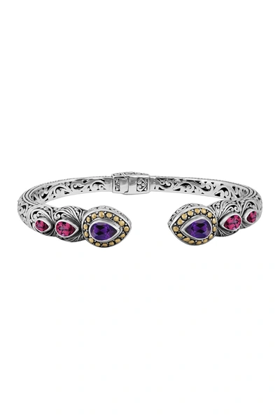 Devata Sterling Silver Bali Filigree Amethyst Pink Topaz Hinge Cuff Bracelet In Silver-gold-purple-pink