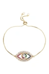 Eye Candy Los Angeles Rainbow Cz Evil Eye Bolo Bracelet In Gold