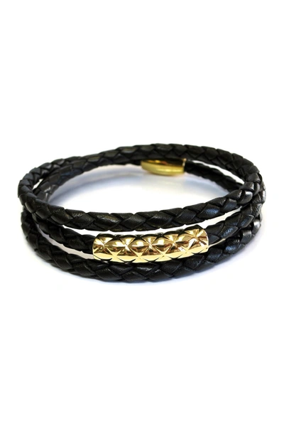 Liza Schwartz Vacay Quilted Bar Braided Leather Triple Wrap Bracelet In Gold-black