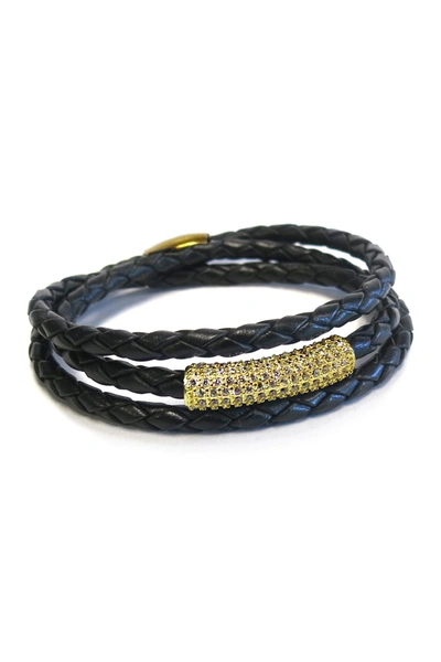 Liza Schwartz Cz Pave Bar Leather Triple Wrap Bracelet In Gold-black