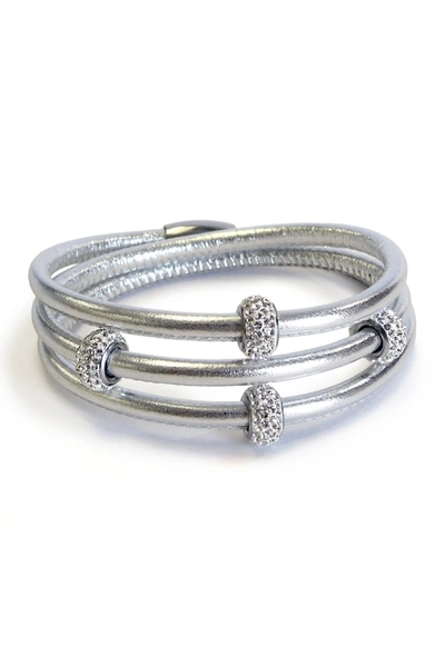 Liza Schwartz Triple Wrap Leather Cuff Bracelet In Metallic Silver
