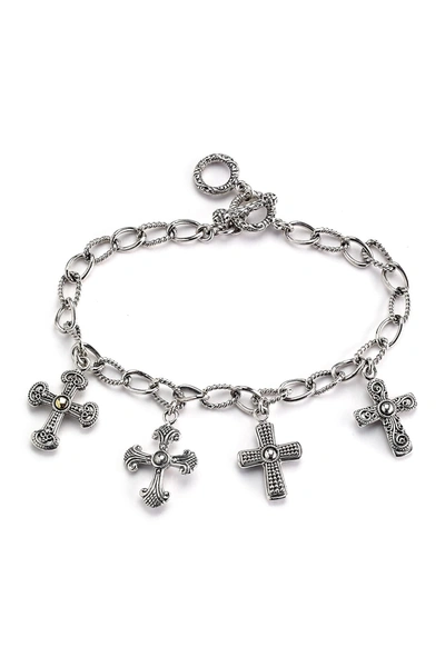 Samuel B Jewelry Sterling Silver & 18k Yellow Gold Multi Cross Charm Bracelet In Silver-gold