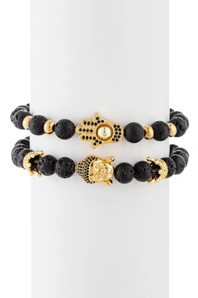 Eye Candy Los Angeles Ethan Hamsa & Buddha Lava Beaded Stretch Bracelet Set In Black