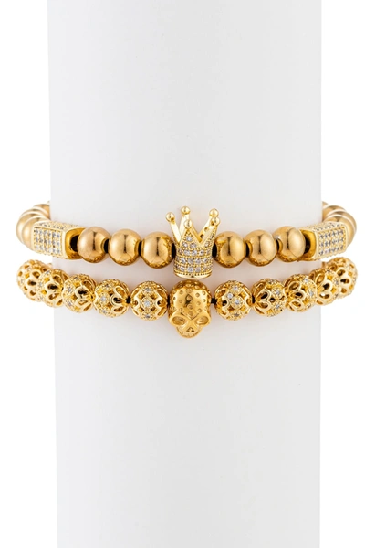 Eye Candy Los Angeles Adrian Skull And Crown Titanium Beaded Bracelet With Brass Cz In Gold