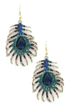 Eye Candy Los Angeles Crystal Peacock Feather Drop Earrings In Bronze
