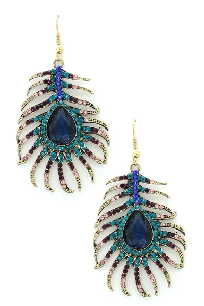 Eye Candy Los Angeles Crystal Peacock Feather Drop Earrings In Bronze