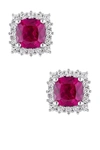 DELMAR STERLING SILVER CREATED WHITE SAPPHIRE HALO CUSHION CREATED RUBY EARRINGS,682077227902