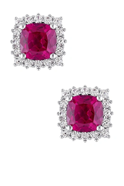 Delmar Sterling Silver Created White Sapphire Halo Cushion Created Ruby Earrings In Red