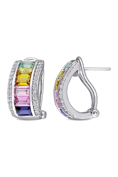 Delmar Sterling Silver Channel Set Multi Color Created Sapphire 19mm Huggie Hoop Earrings