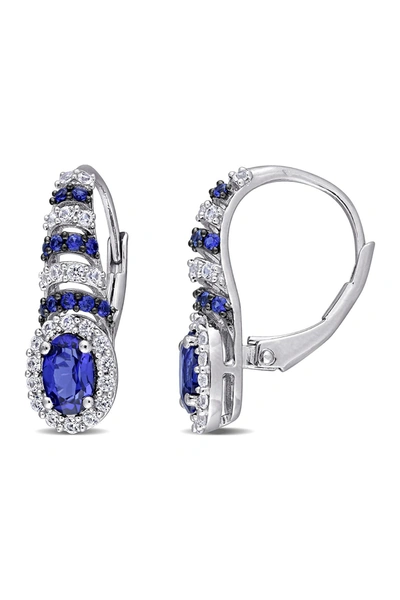 Delmar Sterling Silver Lab Created Blue & White Sapphire Halo Lever Back Earrings