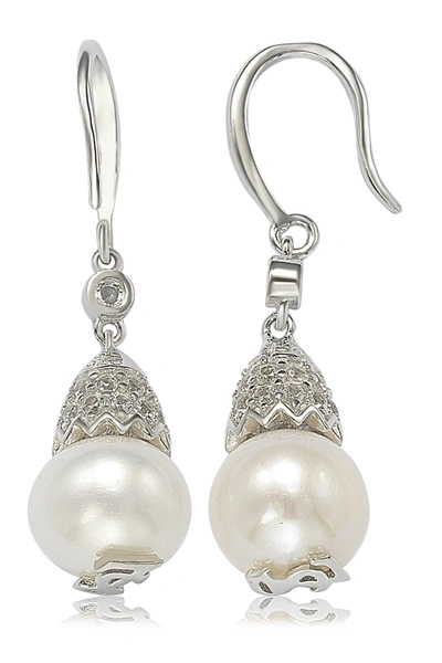 Suzy Levian Sterling Silver 8mm Freshwater Pearl & Created Sapphire Hang Earrings In White