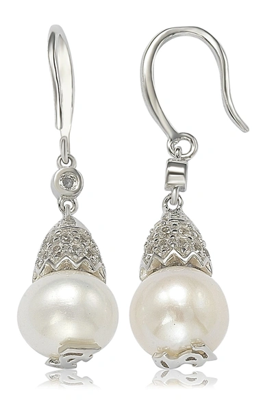 Suzy Levian Sterling Silver 8mm Freshwater Pearl & Created Sapphire Earrings In White