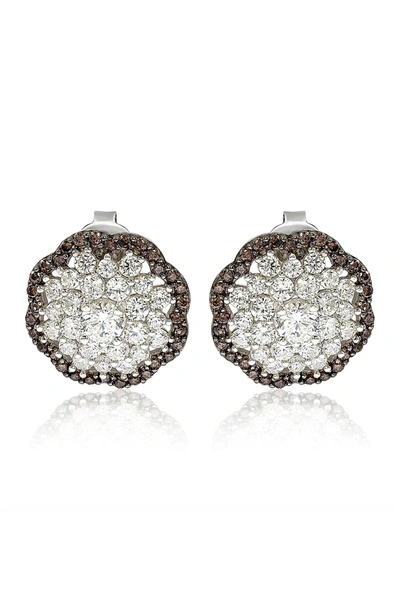 Suzy Levian Sterling Silver Brown Cubic Zirconia Flower Stud Earrings In Brown