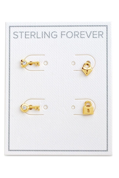 Sterling Forever 14k Yellow Gold Plated Cz Lock & Key Stud Earrings Set