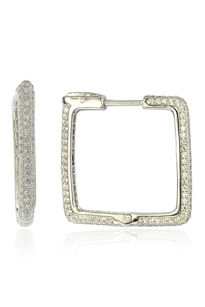 Suzy Levian Sterling Silver Modern Pave Cz Square Hoop Earrings In White