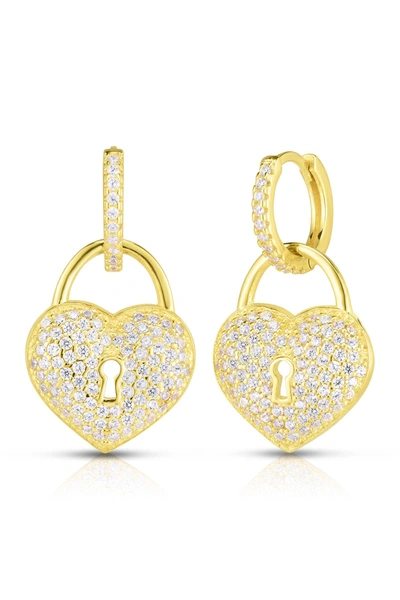Sphera Milano 14k Gold Plated Sterling Silver Cz Heart Lock Huggie Earrings In Yellow Gold