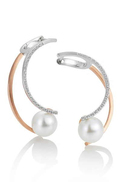 Breuning 14k White Gold & 14k Rose Gold Pave Diamond & 8mm Freshwater Pearl Earrings