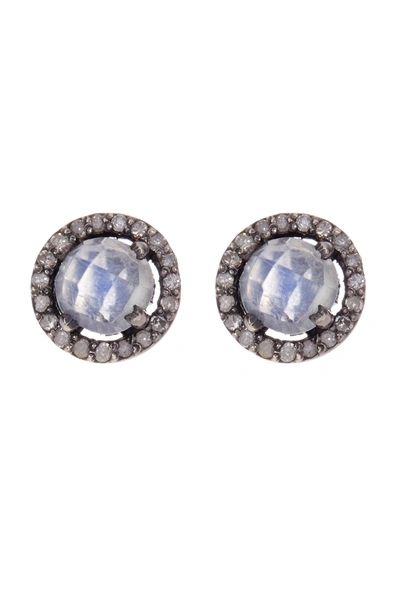 Adornia Sterling Silver Echo Moonstone & Champagne Diamond Halo Stud Earrings In White